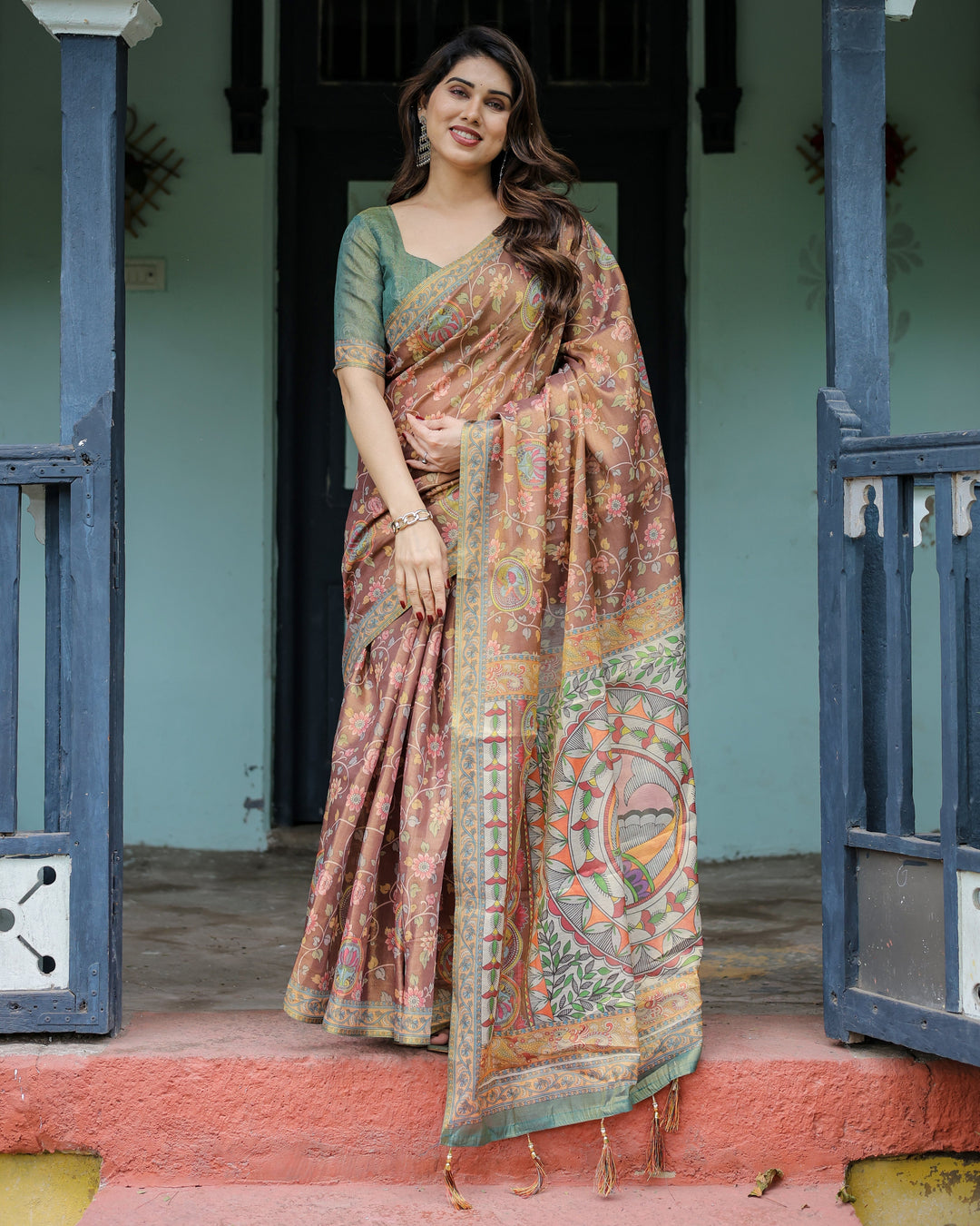 Rust Red Handloom Cotton Saree with Madhubani Fish Art & Floral Motifs – Contrast Blouse