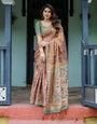 Rust Red Handloom Cotton Saree with Madhubani Fish Art & Floral Motifs – Contrast Blouse