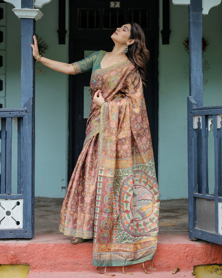 Rust Red Handloom Cotton Saree with Madhubani Fish Art & Floral Motifs – Contrast Blouse