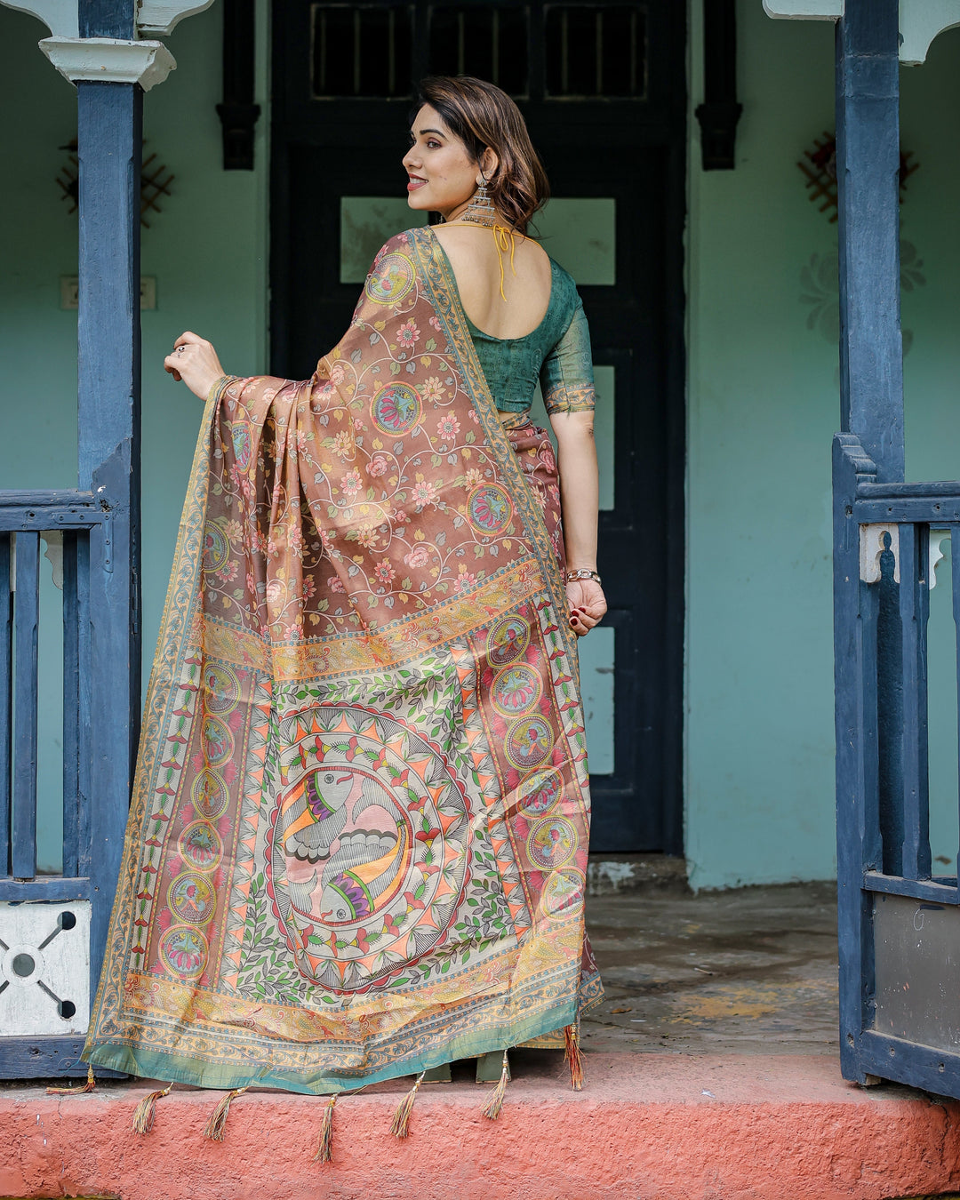 Rust Red Handloom Cotton Saree with Madhubani Fish Art & Floral Motifs – Contrast Blouse