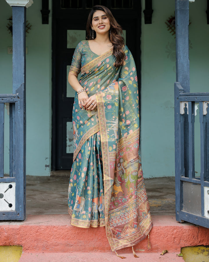 Divine Procession Teal Green Handloom Cotton Saree with Lotus Floral Print & Artistic Pallu
