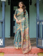 Divine Procession Teal Green Handloom Cotton Saree with Lotus Floral Print & Artistic Pallu