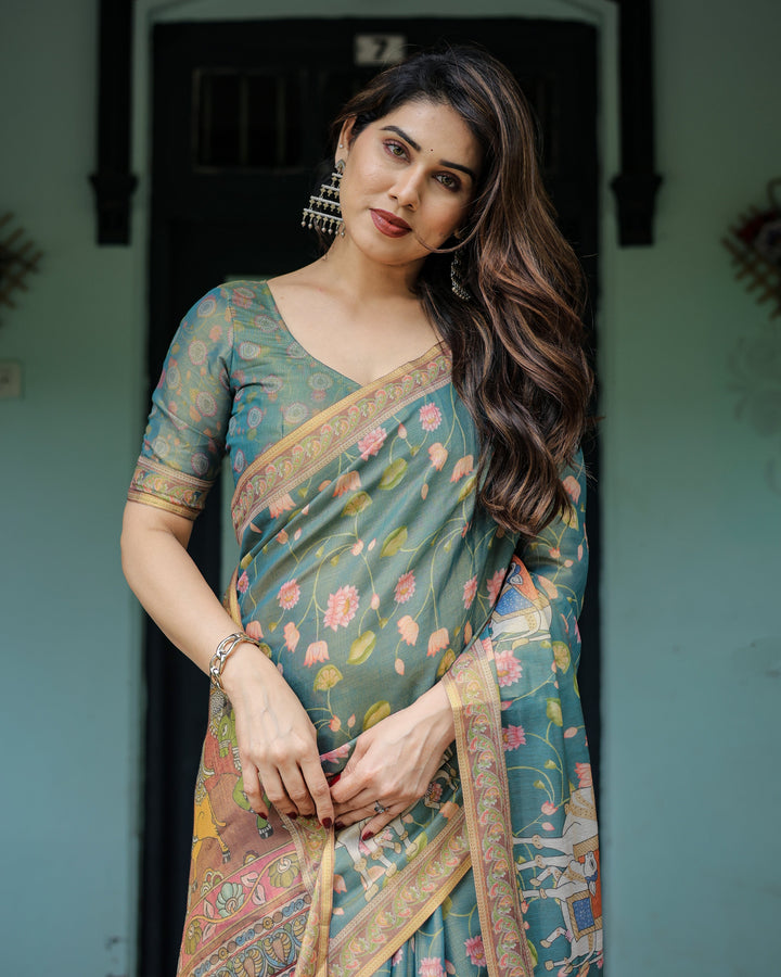 Divine Procession Teal Green Handloom Cotton Saree with Lotus Floral Print & Artistic Pallu