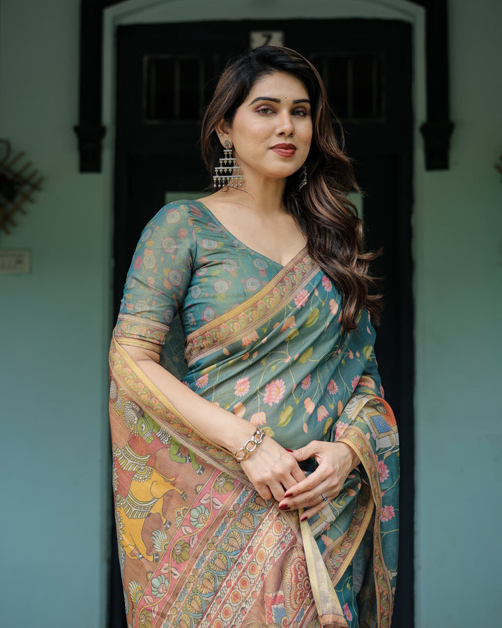 Divine Procession Teal Green Handloom Cotton Saree with Lotus Floral Print & Artistic Pallu