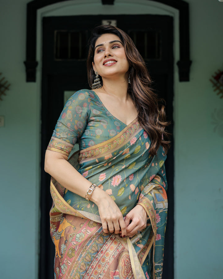 Divine Procession Teal Green Handloom Cotton Saree with Lotus Floral Print & Artistic Pallu