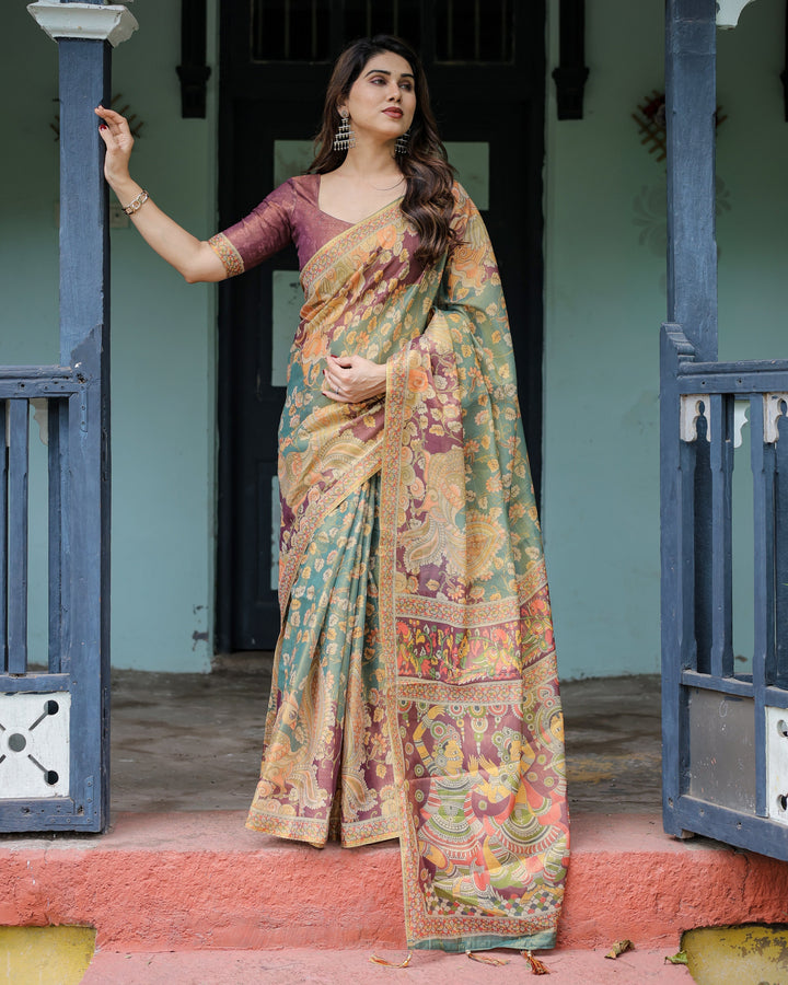 Sage Green & Maroon Handloom Cotton Saree with Mythical Tribal Art and Floral Motifs