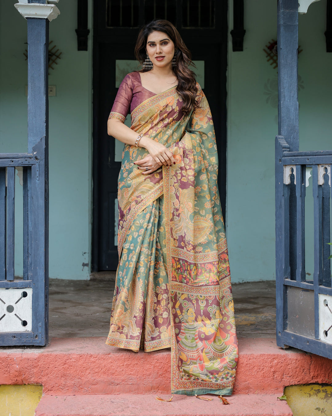 Sage Green & Maroon Handloom Cotton Saree with Mythical Tribal Art and Floral Motifs