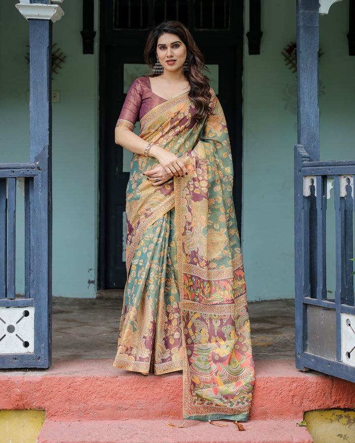 Sage Green & Maroon Handloom Cotton Saree with Mythical Tribal Art and Floral Motifs