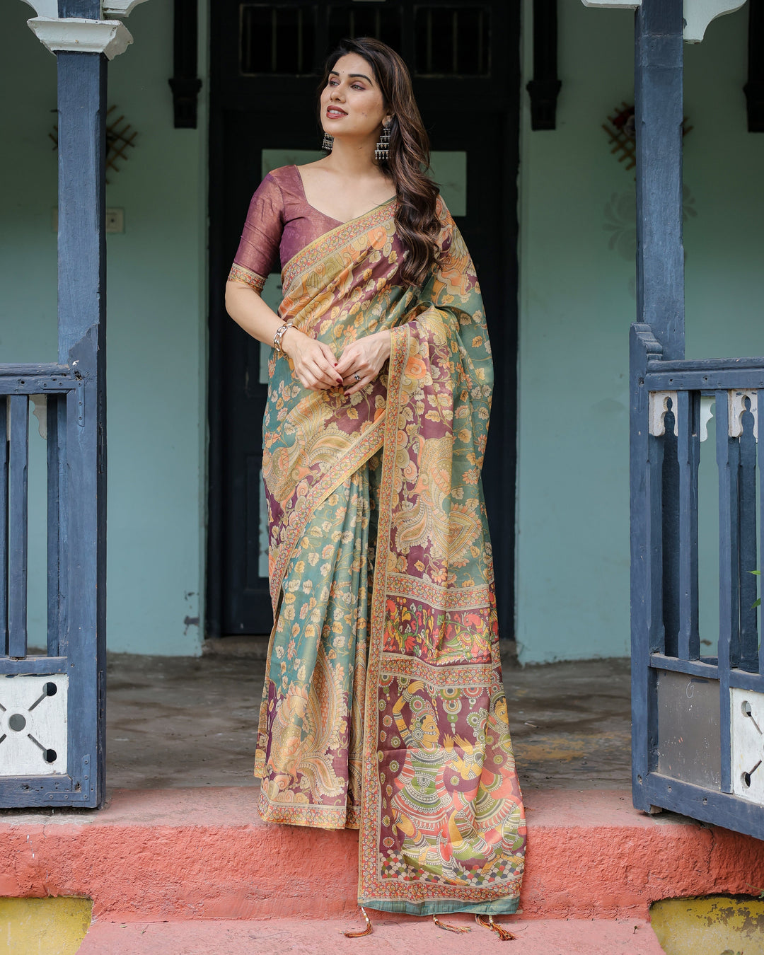 Sage Green & Maroon Handloom Cotton Saree with Mythical Tribal Art and Floral Motifs
