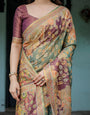 Sage Green & Maroon Handloom Cotton Saree with Mythical Tribal Art and Floral Motifs