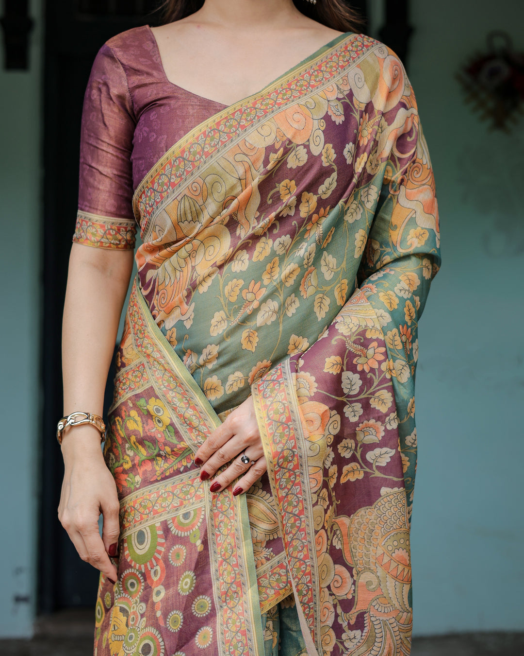 Sage Green & Maroon Handloom Cotton Saree with Mythical Tribal Art and Floral Motifs