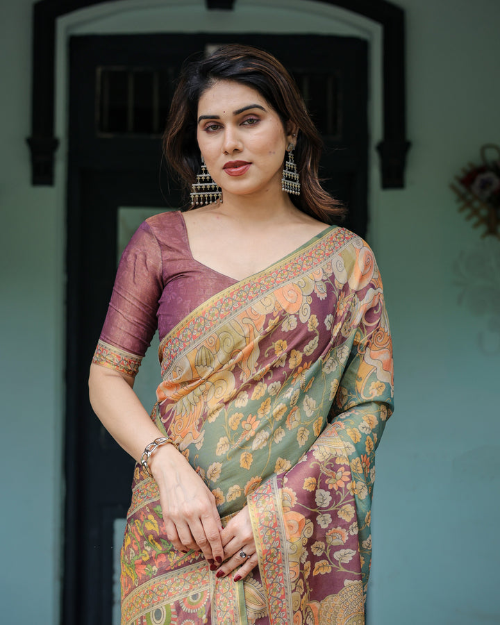 Sage Green & Maroon Handloom Cotton Saree with Mythical Tribal Art and Floral Motifs