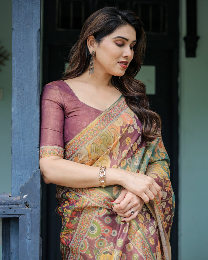 Sage Green & Maroon Handloom Cotton Saree with Mythical Tribal Art and Floral Motifs