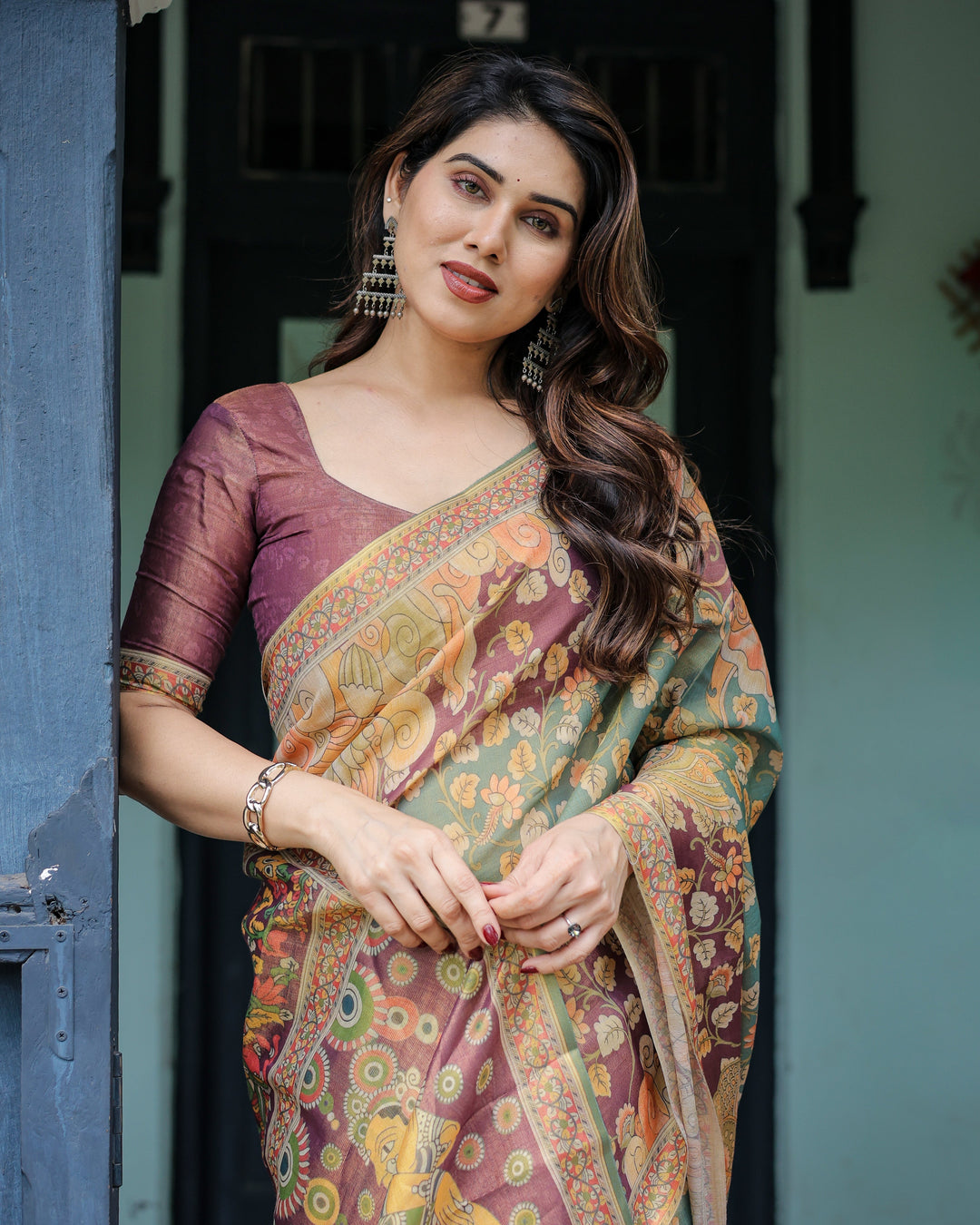 Sage Green & Maroon Handloom Cotton Saree with Mythical Tribal Art and Floral Motifs