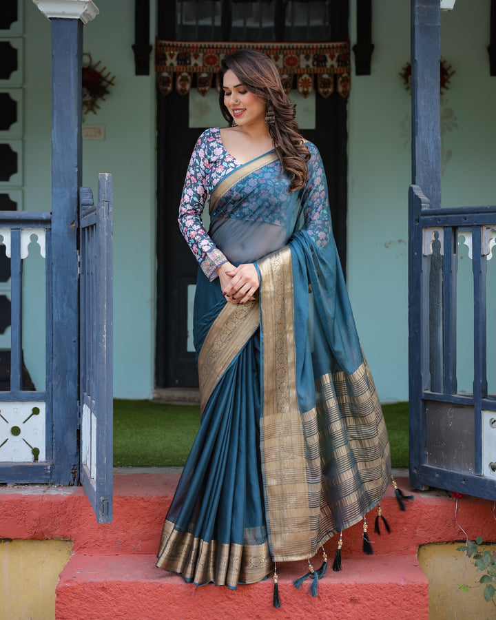 Teal Blue Plain Chiffon Saree with Gold Zari Border Floral Printed Blouse & Tassel Detailing CHIFFON H 128-132