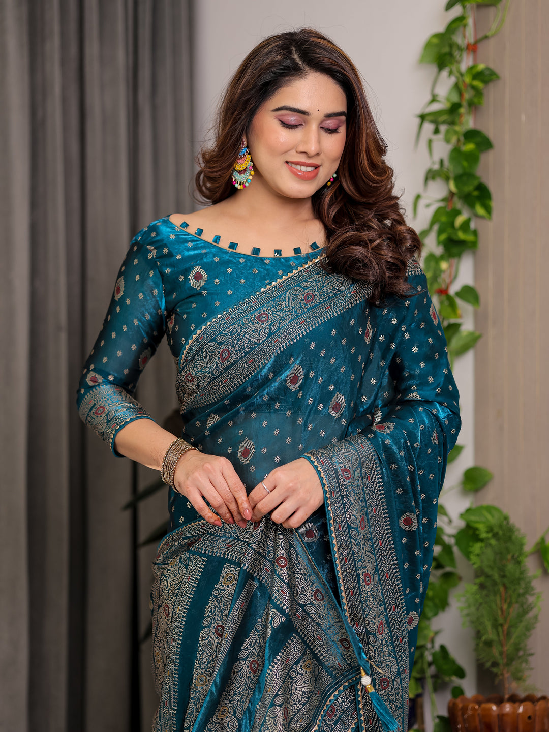 Peacock Teal Fendi Satin Block & Foil Printed Saree with Traditional Motifs, Tassel Edges & Attached Blouse