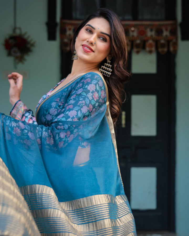 Teal Blue Plain Chiffon Saree with Gold Zari Border Floral Printed Blouse & Tassel Detailing CHIFFON H 128-132