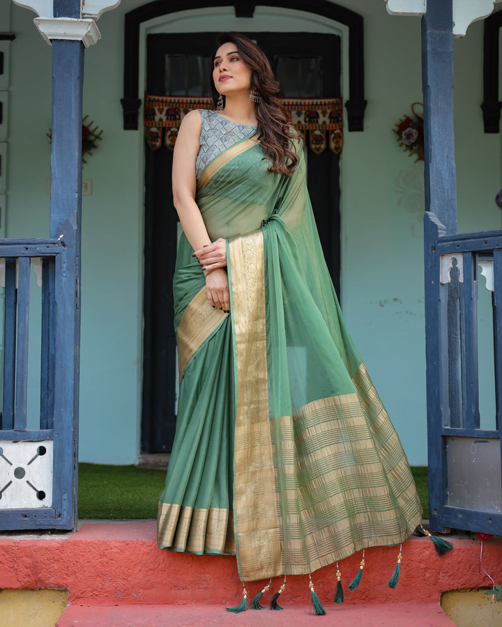Mint Green Plain Chiffon Saree with Gold Zari Border Geometric Printed Blouse & Tassel Detailing CHIFFON H 128-132