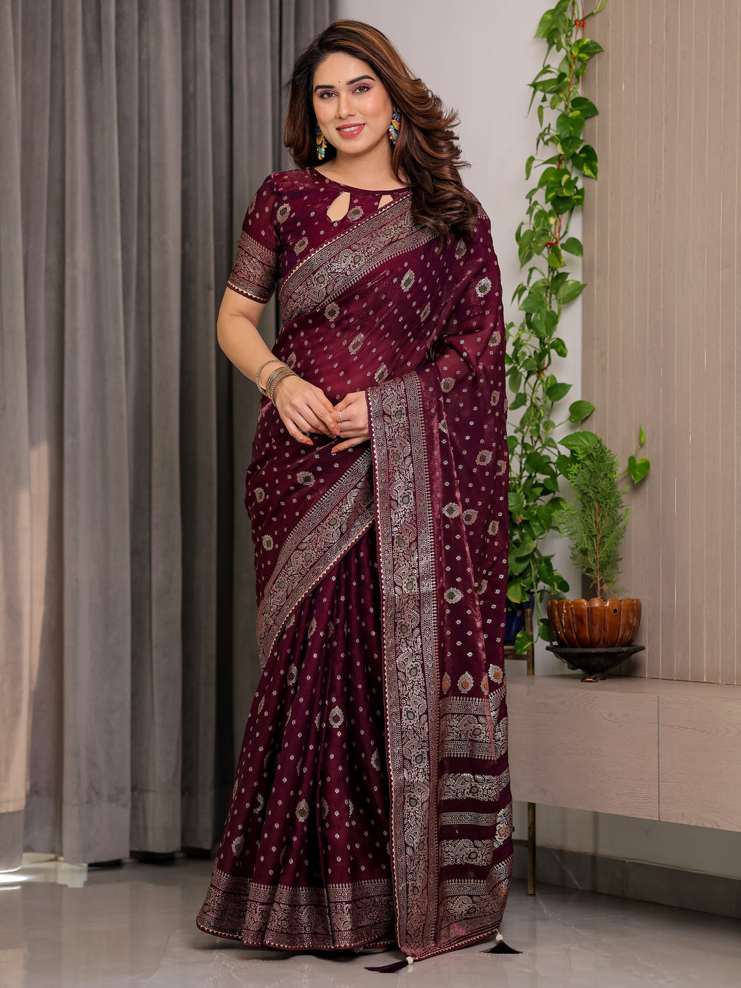 Wine Maroon Fendi Satin Block & Foil Printed Saree with Traditional Butti Motifs, Tassel Edges & Attached Blouse