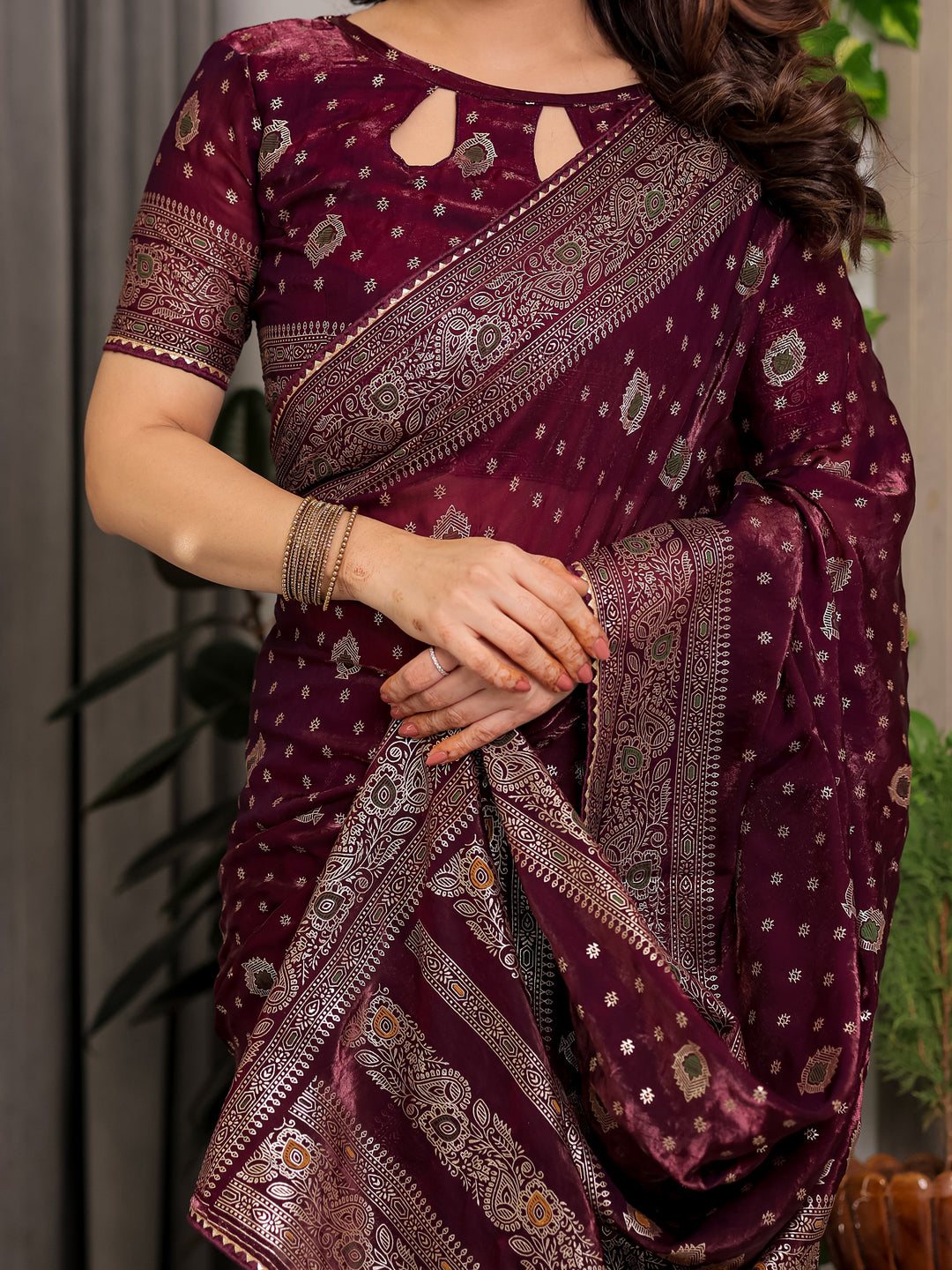 Wine Maroon Fendi Satin Block & Foil Printed Saree with Traditional Butti Motifs, Tassel Edges & Attached Blouse