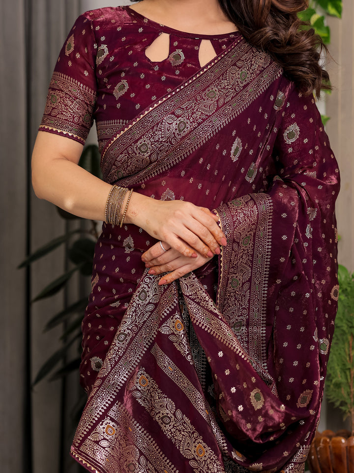 Wine Maroon Fendi Satin Block & Foil Printed Saree with Traditional Butti Motifs, Tassel Edges & Attached Blouse