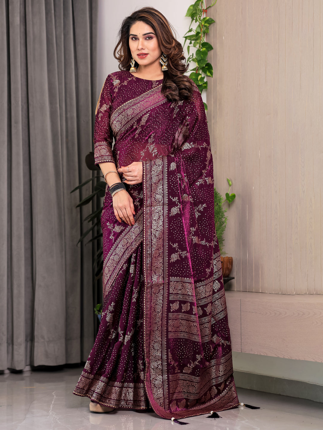 Wine Purple Fendi Satin Floral Block & Foil Printed Saree with Ornamental Border, Tassel Edges & Attached Blouse