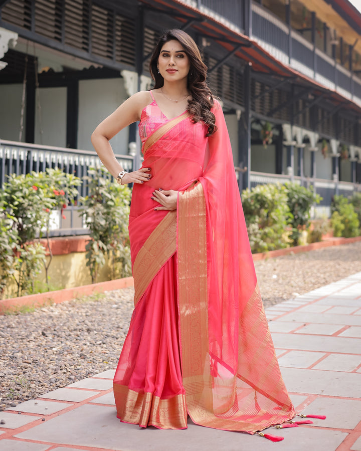Flamingo Pink Plain Chiffon Saree with Gold Zari Border Patterned Blouse & Tassel Detailing CHIFFON H 133-137
