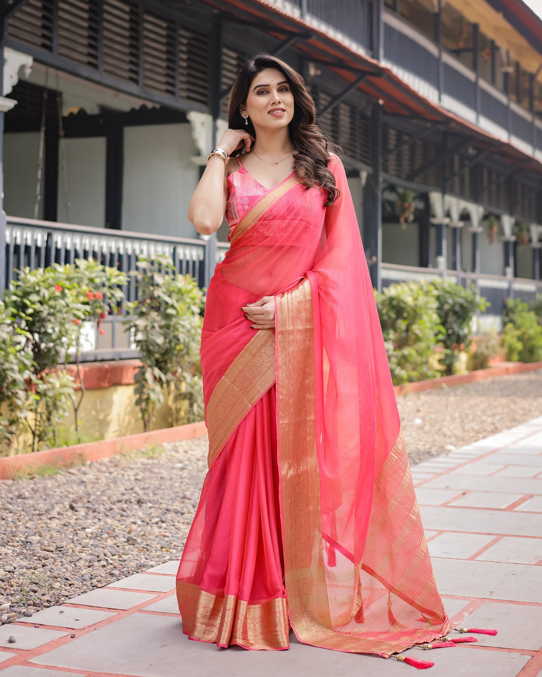 Flamingo Pink Plain Chiffon Saree with Gold Zari Border Patterned Blouse & Tassel Detailing CHIFFON H 133-137