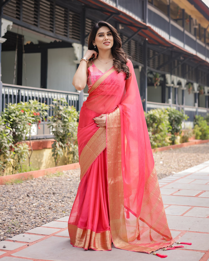 Flamingo Pink Plain Chiffon Saree with Gold Zari Border Patterned Blouse & Tassel Detailing CHIFFON H 133-137