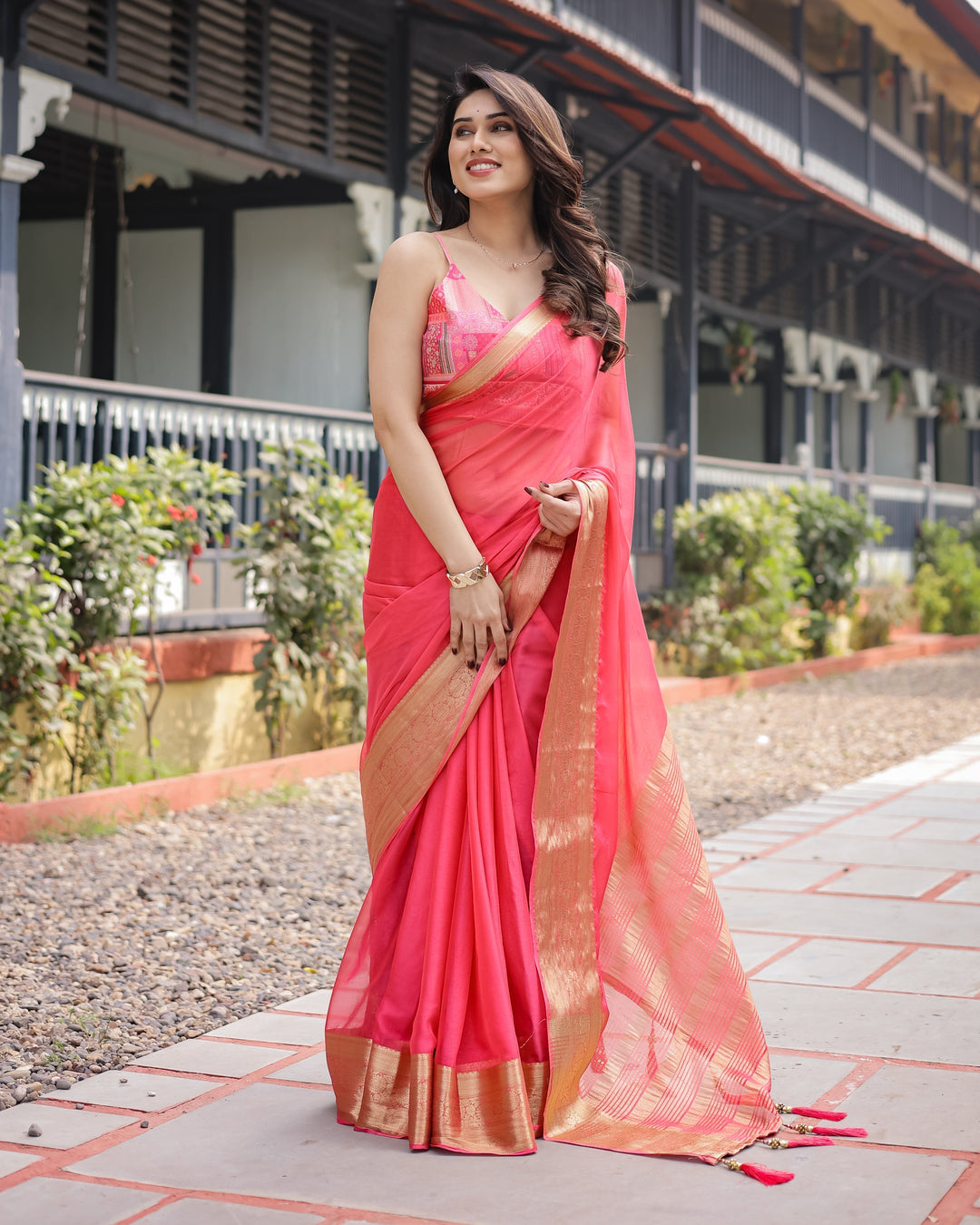 Flamingo Pink Plain Chiffon Saree with Gold Zari Border Patterned Blouse & Tassel Detailing CHIFFON H 133-137