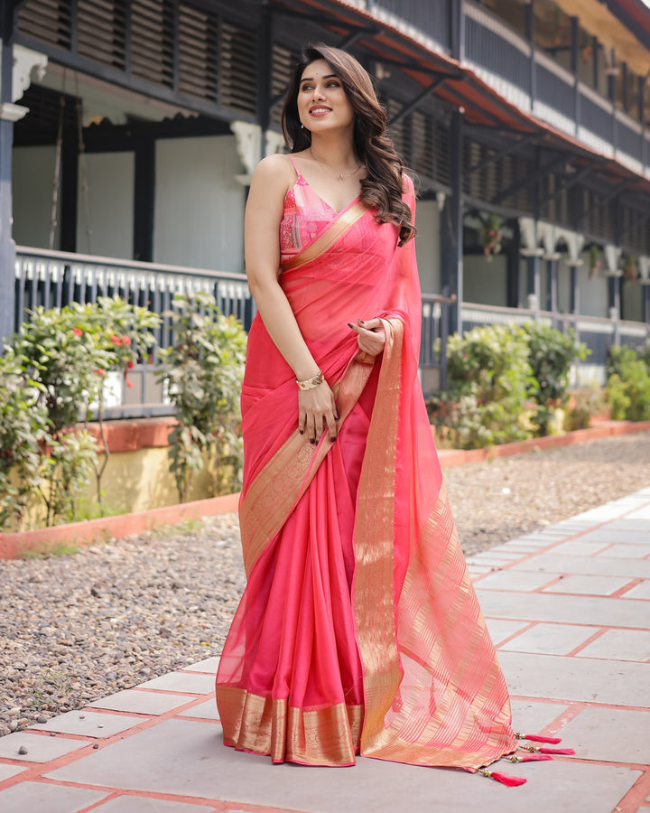 Flamingo Pink Plain Chiffon Saree with Gold Zari Border Patterned Blouse & Tassel Detailing CHIFFON H 133-137