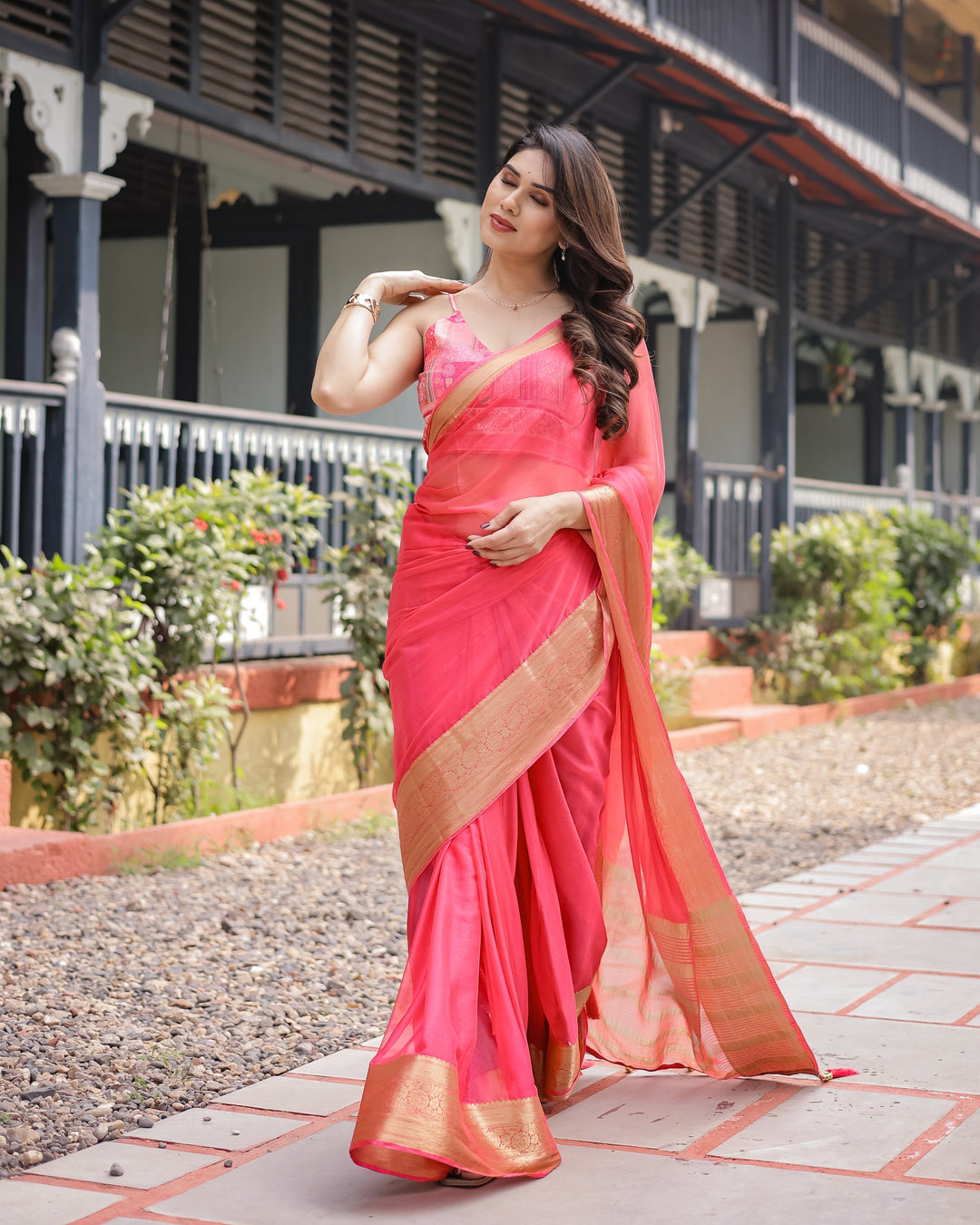 Flamingo Pink Plain Chiffon Saree with Gold Zari Border Patterned Blouse & Tassel Detailing CHIFFON H 133-137