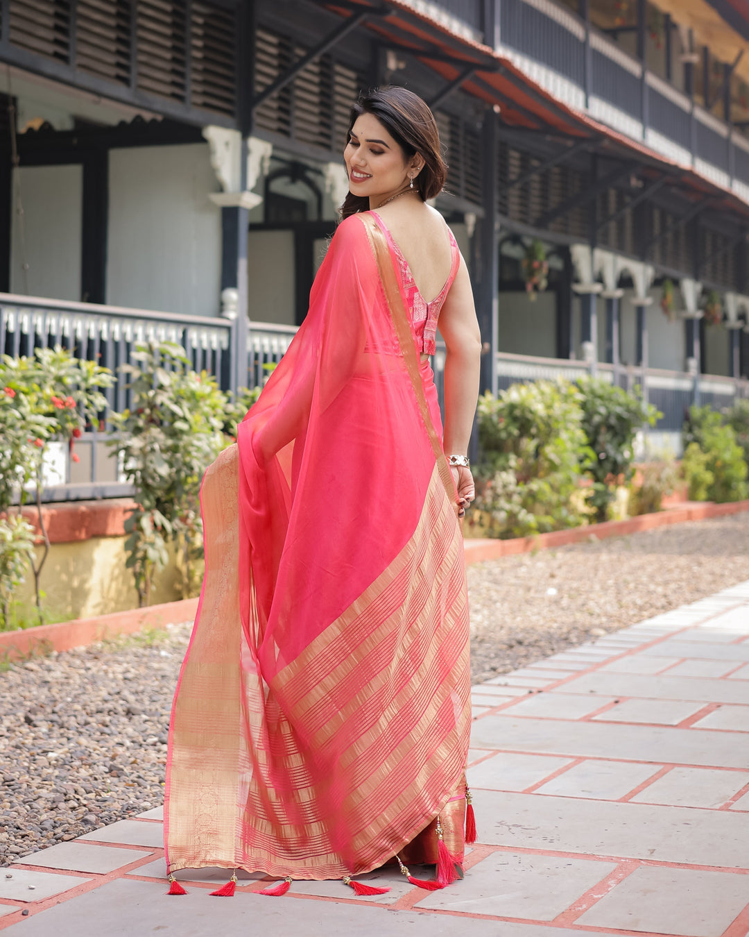 Flamingo Pink Plain Chiffon Saree with Gold Zari Border Patterned Blouse & Tassel Detailing CHIFFON H 133-137