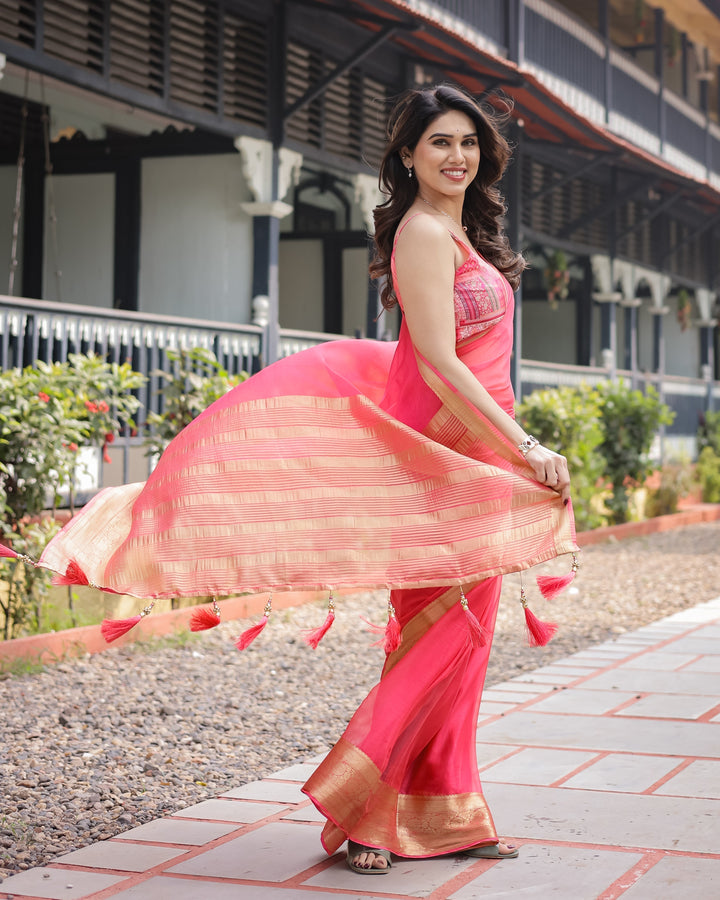 Flamingo Pink Plain Chiffon Saree with Gold Zari Border Patterned Blouse & Tassel Detailing CHIFFON H 133-137