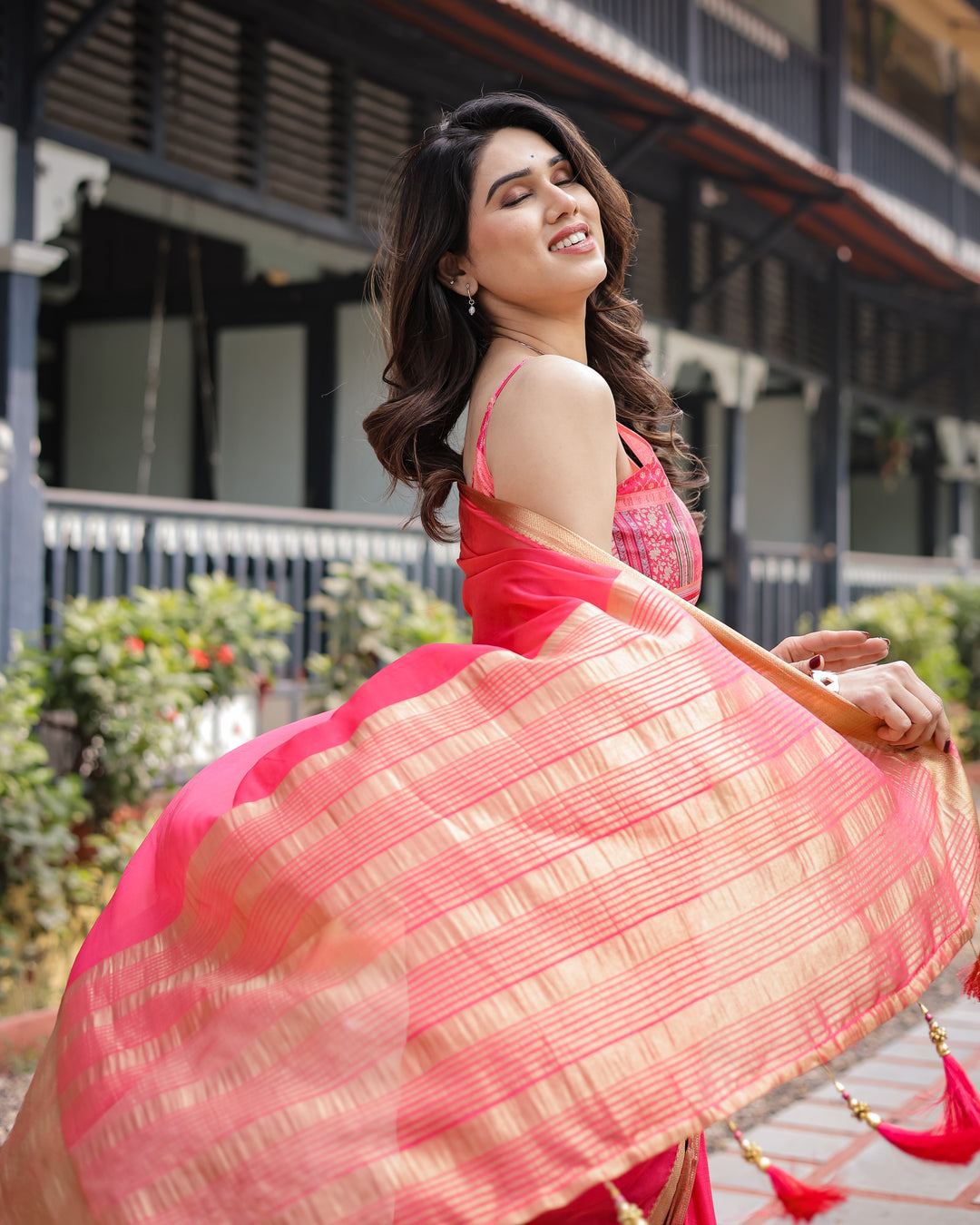 Flamingo Pink Plain Chiffon Saree with Gold Zari Border Patterned Blouse & Tassel Detailing CHIFFON H 133-137