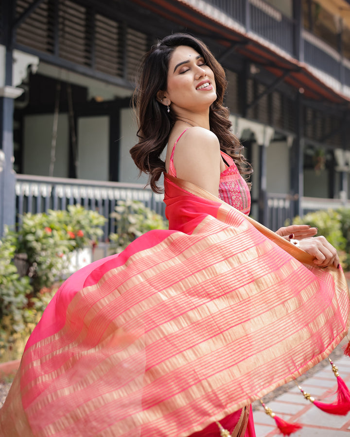 Flamingo Pink Plain Chiffon Saree with Gold Zari Border Patterned Blouse & Tassel Detailing CHIFFON H 133-137