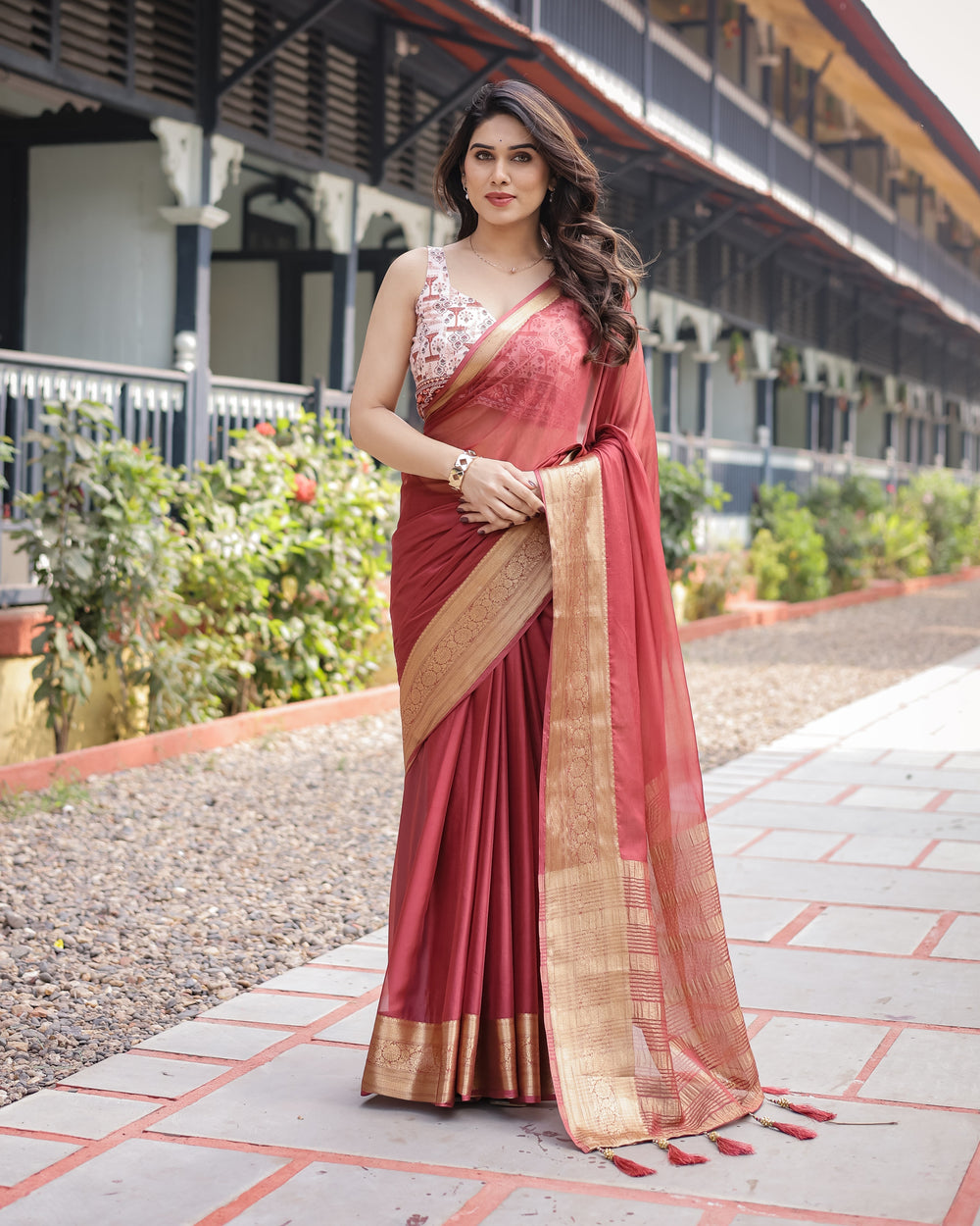 Elegant Maroon Plain Chiffon Saree with Gold Zari Border Designer Printed Blouse & Tassel Detailing CHIFFON H 133-137