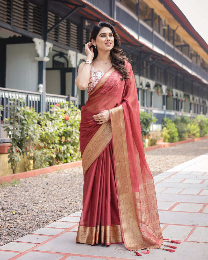 Elegant Maroon Plain Chiffon Saree with Gold Zari Border Designer Printed Blouse & Tassel Detailing CHIFFON H 133-137
