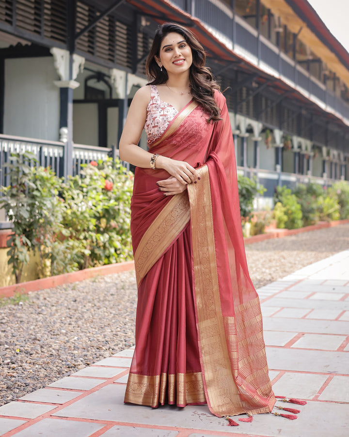 Elegant Maroon Plain Chiffon Saree with Gold Zari Border Designer Printed Blouse & Tassel Detailing CHIFFON H 133-137