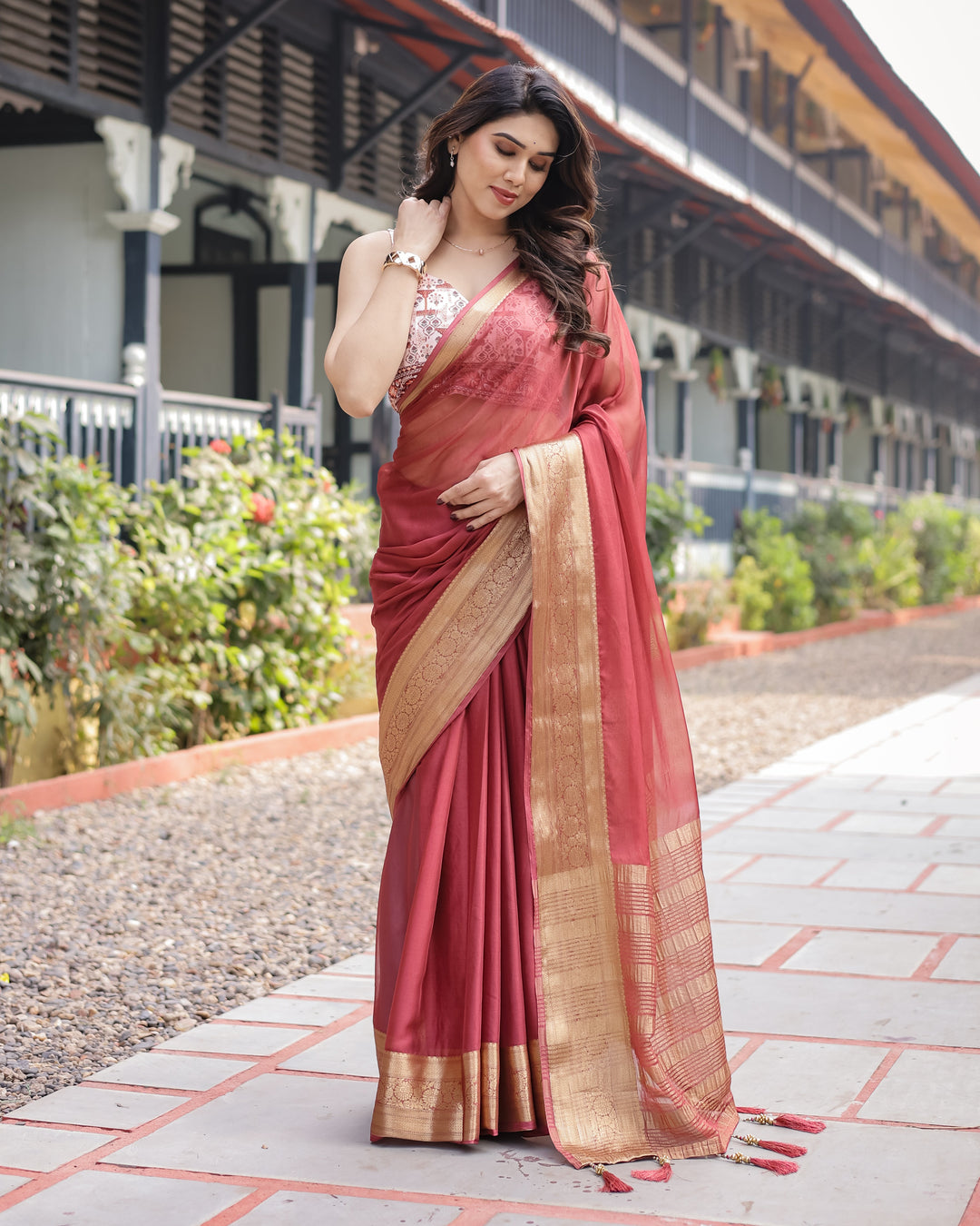 Elegant Maroon Plain Chiffon Saree with Gold Zari Border Designer Printed Blouse & Tassel Detailing CHIFFON H 133-137