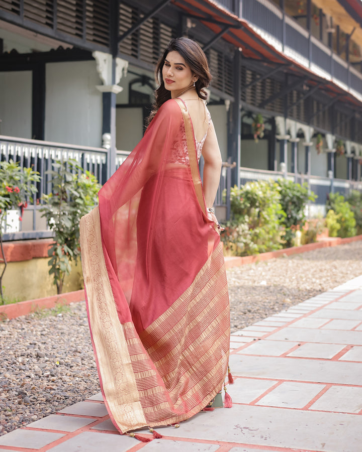 Elegant Maroon Plain Chiffon Saree with Gold Zari Border Designer Printed Blouse & Tassel Detailing CHIFFON H 133-137