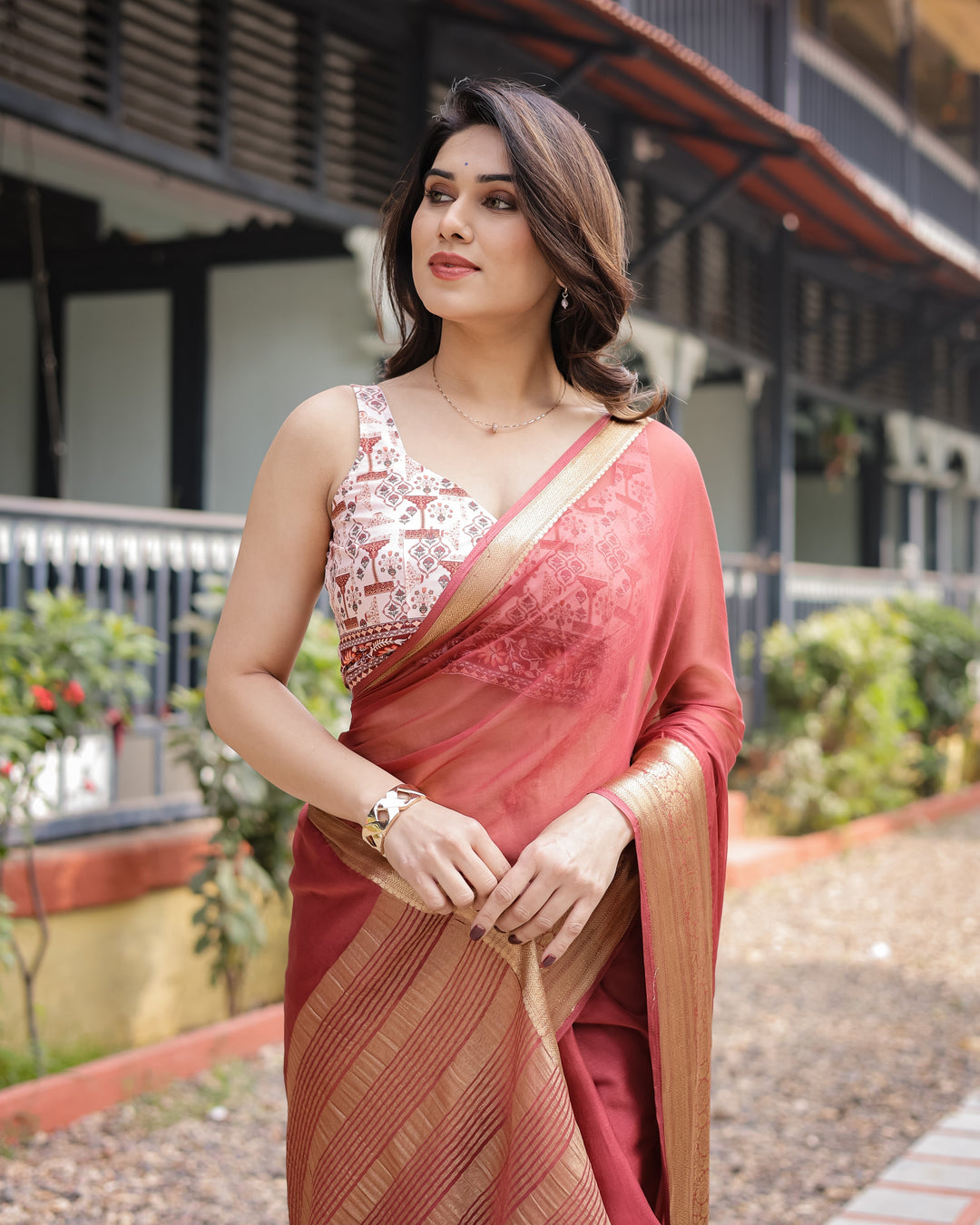 Elegant Maroon Plain Chiffon Saree with Gold Zari Border Designer Printed Blouse & Tassel Detailing CHIFFON H 133-137