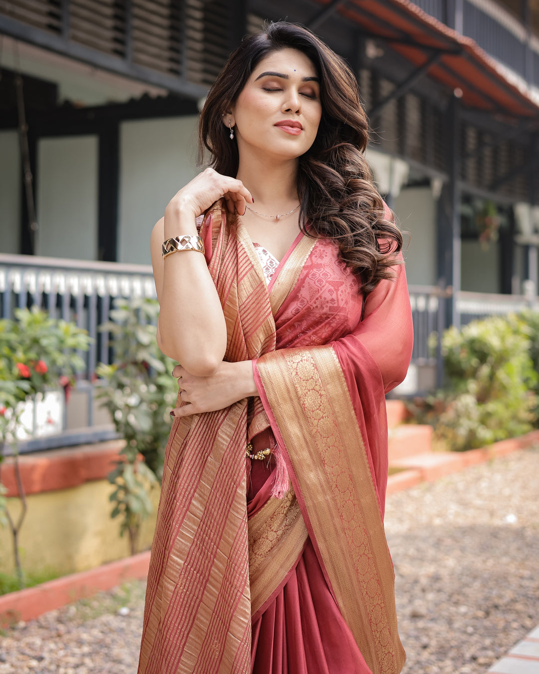 Elegant Maroon Plain Chiffon Saree with Gold Zari Border Designer Printed Blouse & Tassel Detailing CHIFFON H 133-137