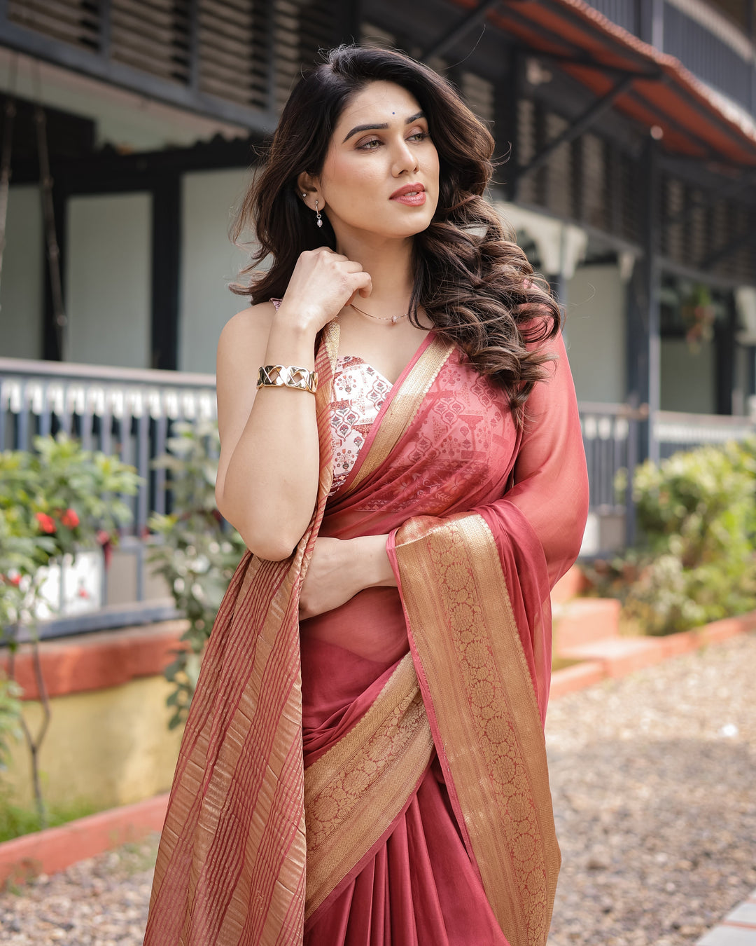 Elegant Maroon Plain Chiffon Saree with Gold Zari Border Designer Printed Blouse & Tassel Detailing CHIFFON H 133-137