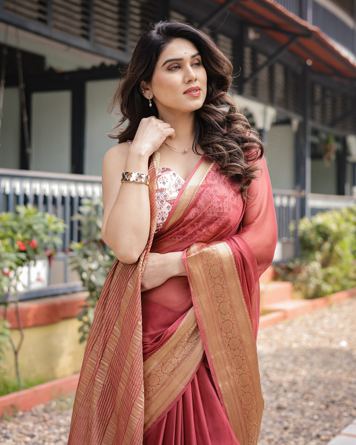 Elegant Maroon Plain Chiffon Saree with Gold Zari Border Designer Printed Blouse & Tassel Detailing CHIFFON H 133-137