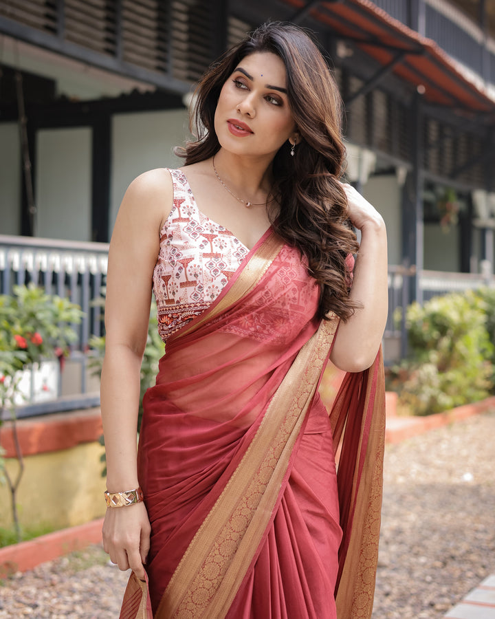 Elegant Maroon Plain Chiffon Saree with Gold Zari Border Designer Printed Blouse & Tassel Detailing CHIFFON H 133-137