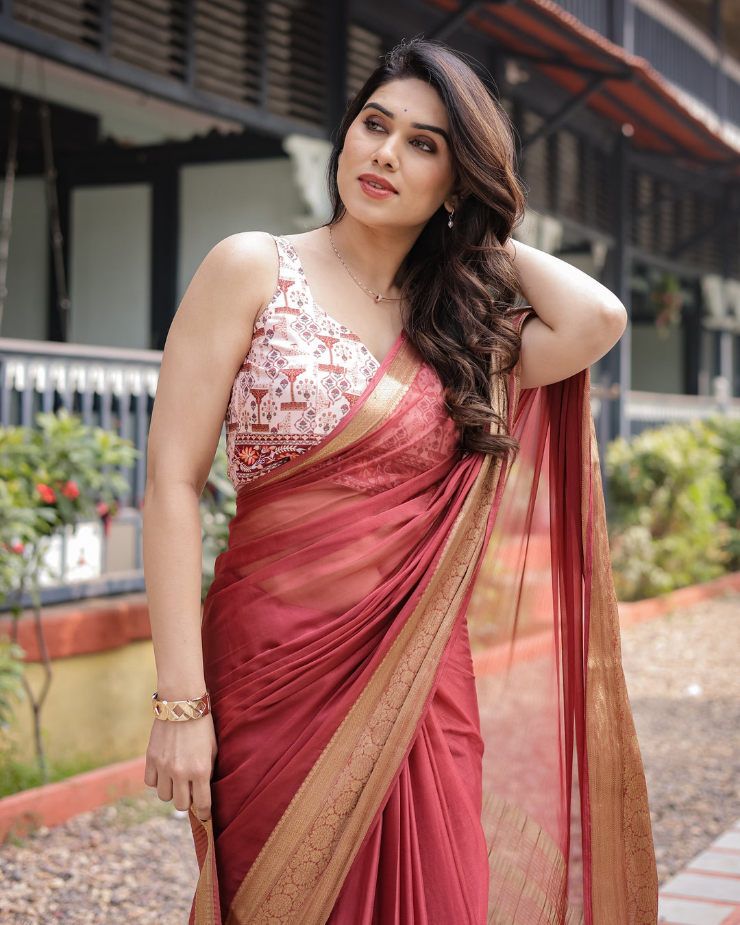 Elegant Maroon Plain Chiffon Saree with Gold Zari Border Designer Printed Blouse & Tassel Detailing CHIFFON H 133-137