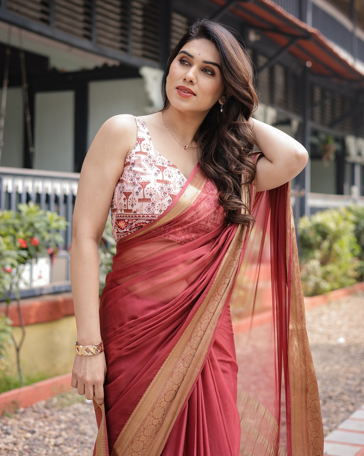 Elegant Maroon Plain Chiffon Saree with Gold Zari Border Designer Printed Blouse & Tassel Detailing CHIFFON H 133-137