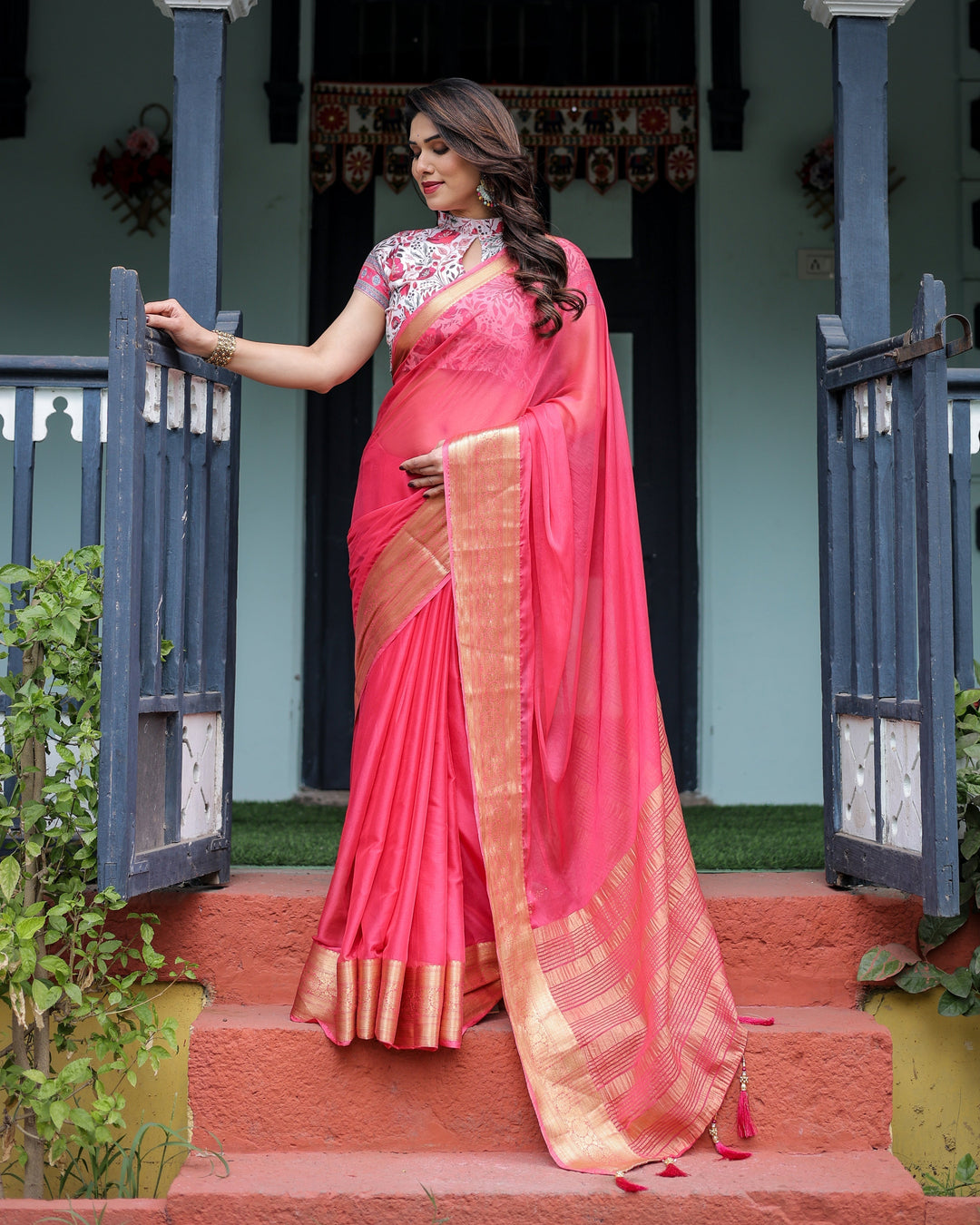 Raspberry Pink Plain Chiffon Saree with Gold Zari Border High-Neck Floral Printed Blouse & Tassel Detailing CHIFFON H