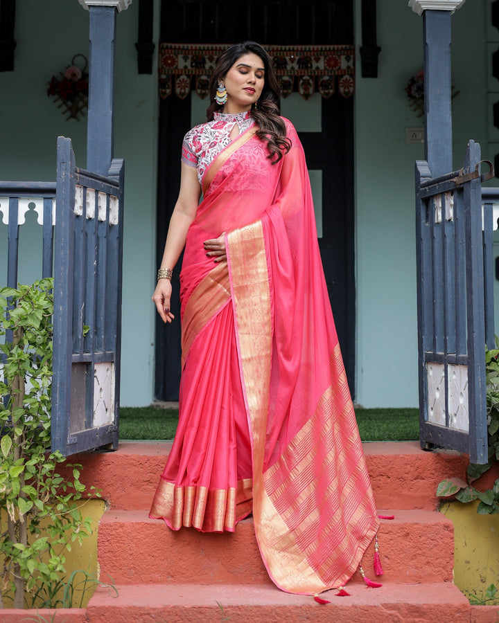 Raspberry Pink Plain Chiffon Saree with Gold Zari Border High-Neck Floral Printed Blouse & Tassel Detailing CHIFFON H